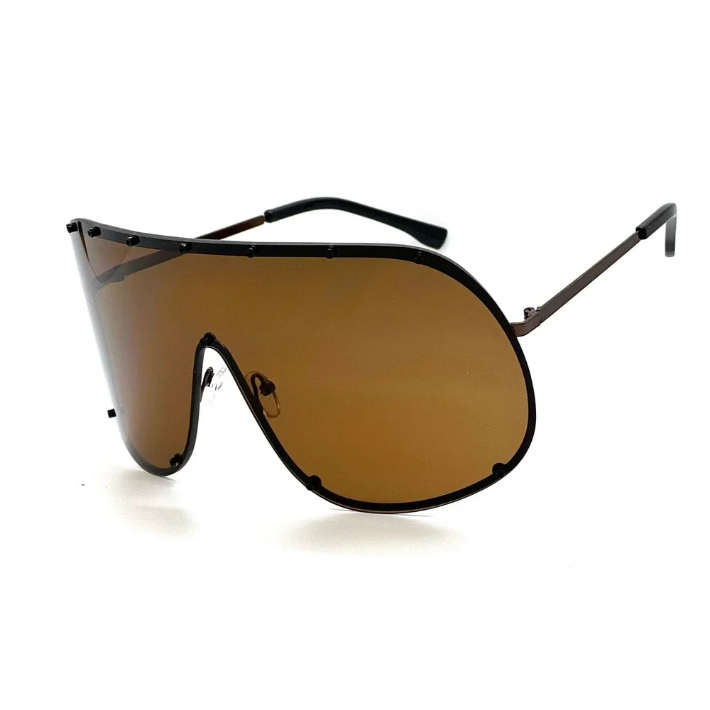 Shield Sunglasses Oversized Trendy Rivet Brown Lens Fashion Statement Lentes New